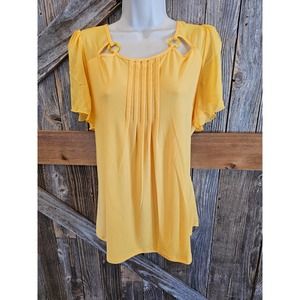 Atelier 29 bright yellow XL women's pleated front blouse EUC ^